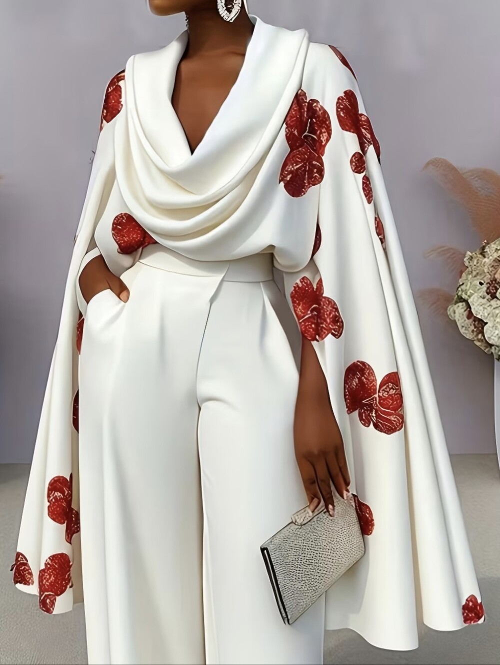 Floral Print Blouse with Swing Neckline, Slit, and Flared Sleeves, a Fashionable